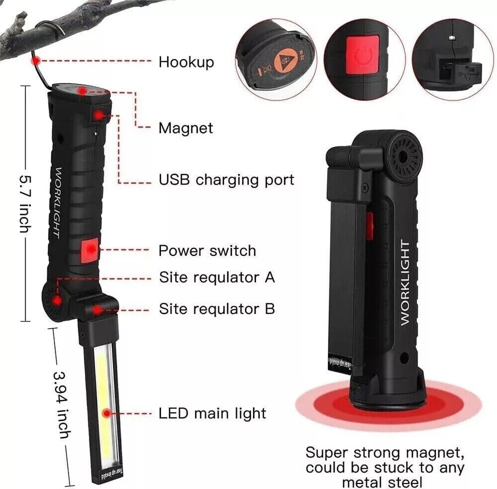 USB Rechargeable COB LED Work Light Inspection Hand Torch Flashlight 360 Rotate Base Magnetic Lamp For Car Repair Camping Super Bright