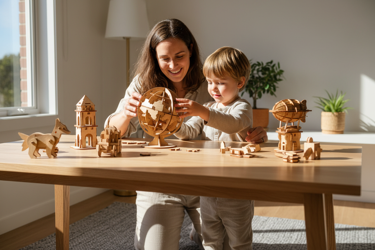 happy mum and kid playing with my products
